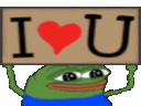 a green frog is holding a sign that says `` i love you '' .