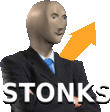 a man in a suit and tie is standing with his arms crossed in front of an arrow and the word stonks .