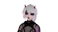 a girl with horns and purple eyes is wearing a black mesh top