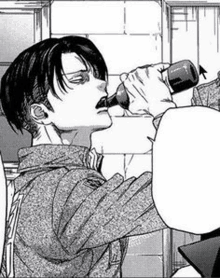 a man is drinking from a bottle in a black and white drawing .