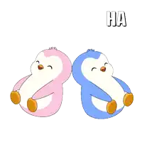 two pink and blue penguins are sitting next to each other with the words ha ha ha above them