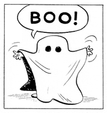 a cartoon of a ghost with a speech bubble that says boo .