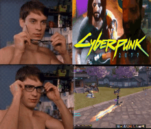 a shirtless man adjusts his glasses in front of a cyberpunk 2077 poster