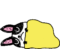 a cartoon drawing of a dog laying under a yellow blanket