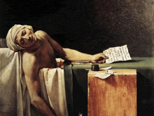 a painting of a man laying on a table with a piece of paper in his hand that says " la mort "