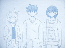 a drawing of three anime characters standing next to each other with one wearing a tank top with a cat on it
