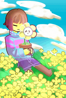 a cartoon of a girl holding a flower in a field of yellow flowers