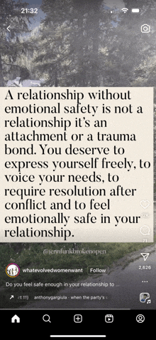 a phone screen with a quote about a relationship without emotional safety is not a relationship it 's an attachment or a trauma bond