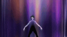 a shirtless anime character is standing in front of a purple curtain with his arms outstretched .