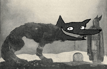 a black and white drawing of a wolf with big eyes