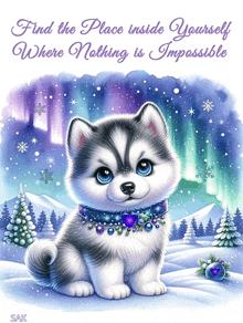 a picture of a husky puppy with the words find the place inside yourself where nothing is impossible on the bottom