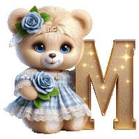 a teddy bear wearing a blue dress and blue roses is standing next to the letter m