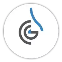 a white circle with a blue and gray circle with the letter g in the middle