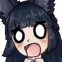 a cartoon girl with black hair and ears is making a funny face .