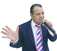 a man singing into a microphone with his arms outstretched