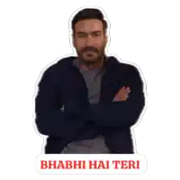a man with his arms crossed has a sticker that says bhabhi hai teri on it