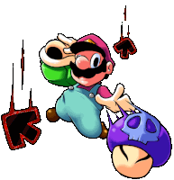 a cartoon drawing of mario holding a purple mushroom with a skull on it