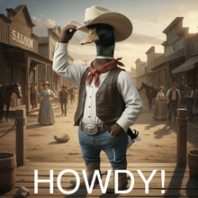 a picture of a duck dressed as a cowboy with the words howdy above him