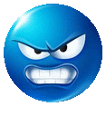 a blue smiley face with a very angry expression on it .