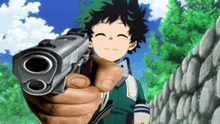 a person is pointing a gun at a child in a cartoon .