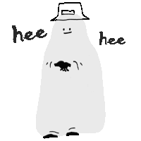 a drawing of a ghost wearing a hat and holding a frog says hee hee