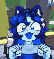 a cartoon character with blue hair is smiling and holding her fist up .