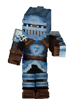 a minecraft character wearing a helmet and armor with the letter b on it