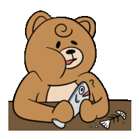 a brown teddy bear is holding a fish with a question mark on his chest