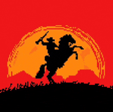 a pixel art of a cowboy on a horse with a sword .