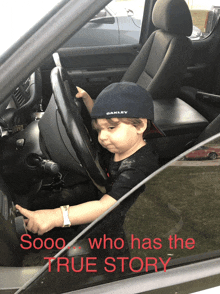 a young boy wearing an oakley hat is sitting in a car