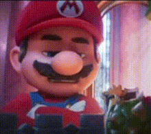 a close up of a mario mascot wearing a red hat and a bow tie