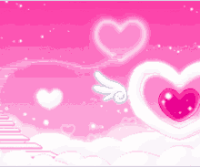 a pink background with hearts and clouds and a pink heart with wings