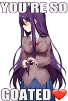 a purple haired anime girl with the words you 're so goated