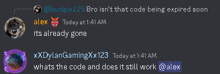 a screenshot of a discord conversation between alex and xdylan gamingxxx123