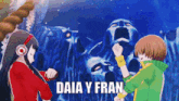 a couple of anime characters are dancing in front of a waterfall with the words daia y fran written on the bottom