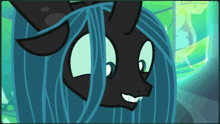 a close up of a cartoon character with blue hair and big eyes