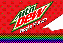 a mountain dew apple punch advertisement with red apples on the background