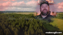 a man with a beard stands in front of a forest with the words " have a heavy pour "