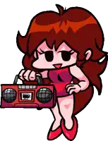 a cartoon girl in a red dress is holding a radio