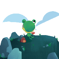 a frog is sitting on a rock holding a cup