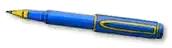 a blue pen with a yellow stripe on the end