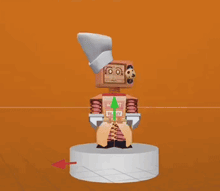 a cartoon character wearing a chef 's hat and holding a sword is standing on a podium .