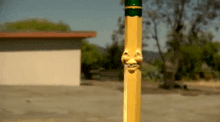 a yellow pencil with a green cap has a face on it