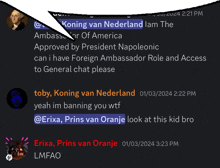 a screenshot of a conversation between eriks van oranje and konig van nederland