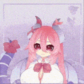 a cartoon girl with pink hair and horns is making a funny face with her eyes swirling .
