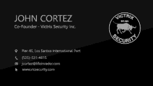 a black business card for john cortez co-founder of victrix security