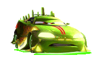 a green cartoon car with a red stripe on the side is driving on a white surface .