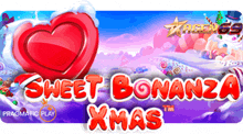 a poster for sweet bonanza xmas with a heart in the background