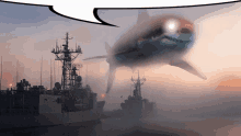 a shark is flying over a group of ships in the fog