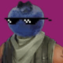 a blueberry wearing sunglasses and a scarf is standing in front of a pink background .